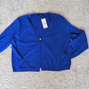 Tint & Shadow Cobalt Blue Pointelle Zig Zag Cropped Cardigan V Neck Layering M
